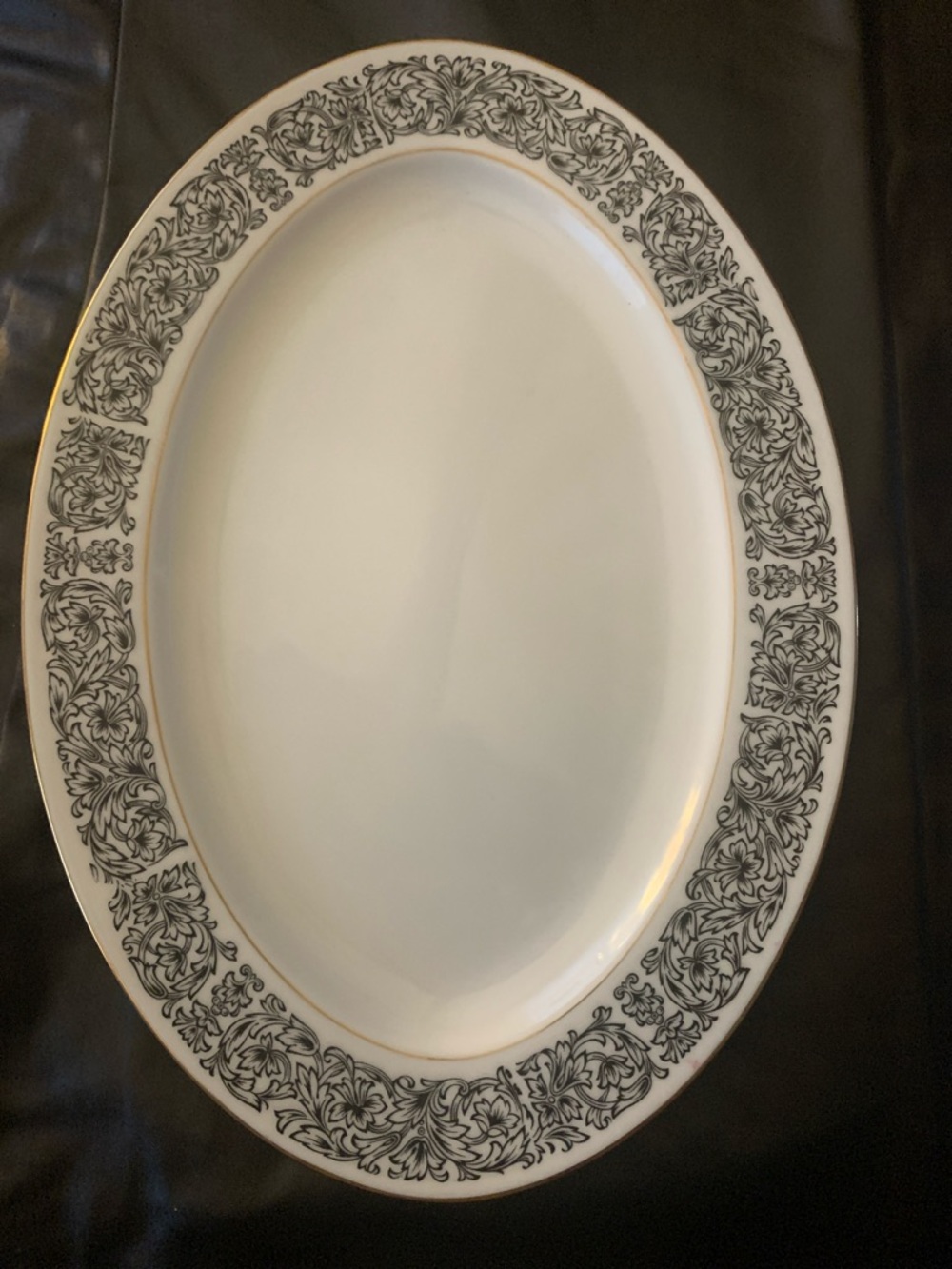 White Porcelain Serving Platter with Black Floral Border